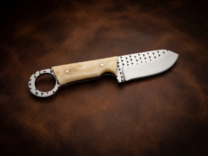 Custom Handmade Bone Handle Hunting Knife Rasp Blade & Finger Ring Pommel