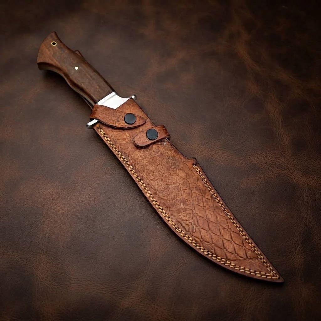 Handcrafted D2 Steel Bowie Hunting Knife with Rosewood Handle and Leather Sheath