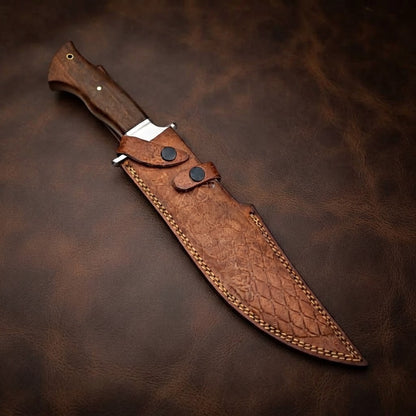 Handcrafted D2 Steel Bowie Hunting Knife with Rosewood Handle and Leather Sheath