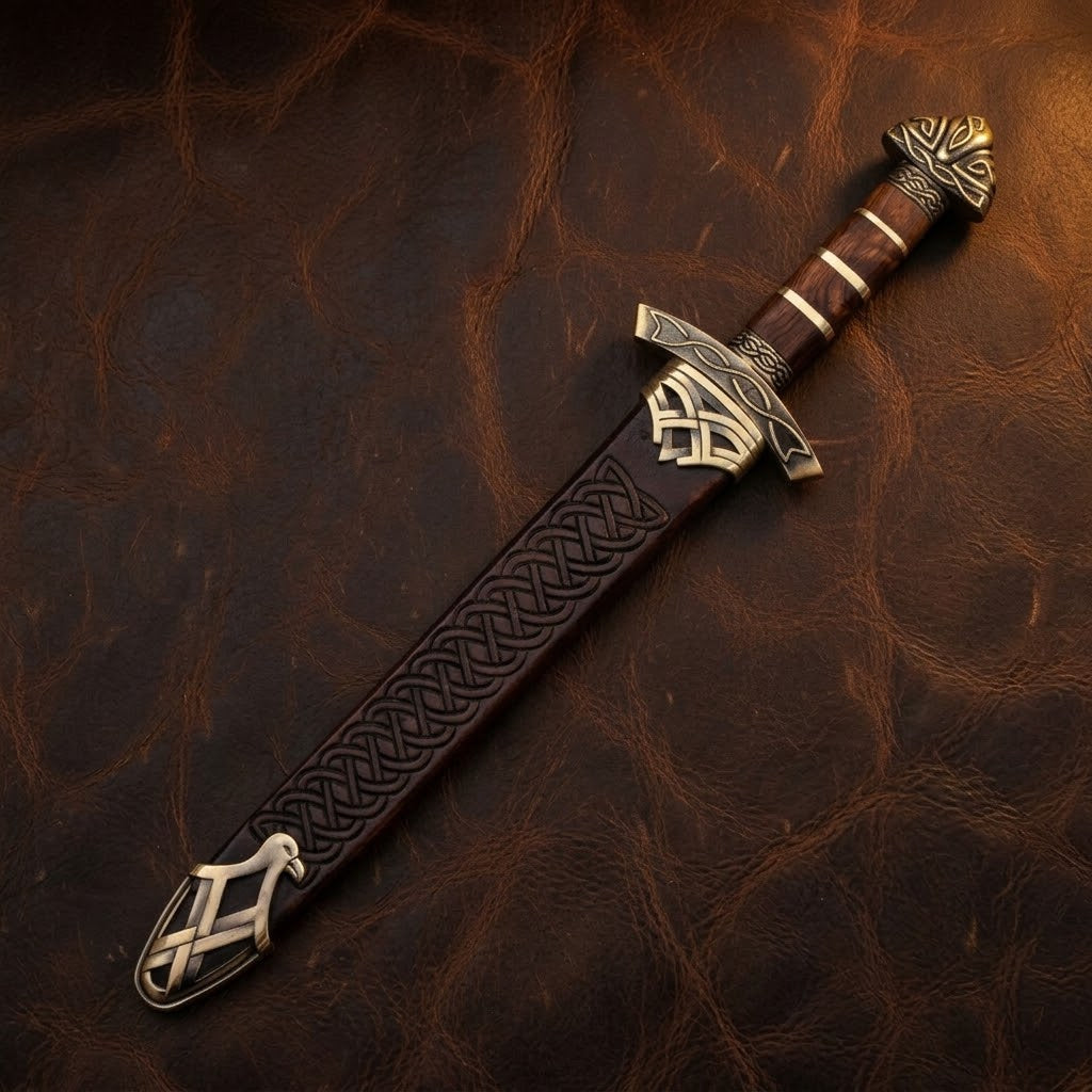 Custom Handcrafted Damascus Steel Viking Sword – Medieval Celtic Dagger with Pewter and Wood Handle