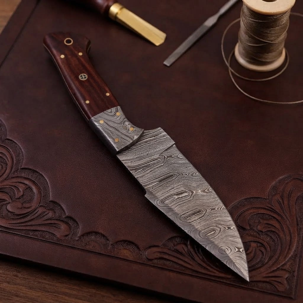 Custom Damascus Fixed Blade Hunting Knife Rosewood Handle Leather Sheath