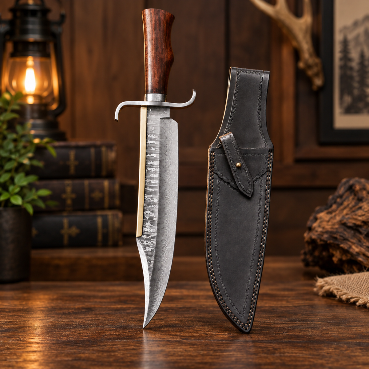 Handcrafted Damascus Steel Bowie Knife with Walnut Wood Handle & Leather Sheath