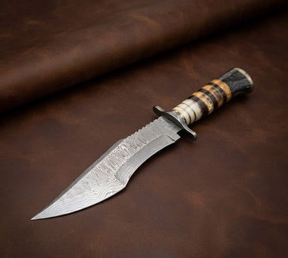 Custom Damascus Steel Bowie Knife – Handcrafted Rosewood & Bone Hunting Knife