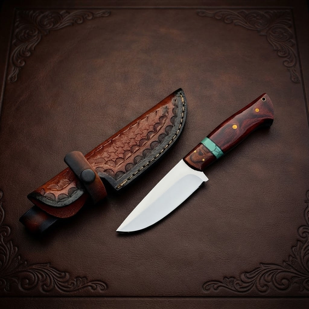 Custom Fixed Blade Hunting Knife |Pakka Wood Handle & Leather Sheath