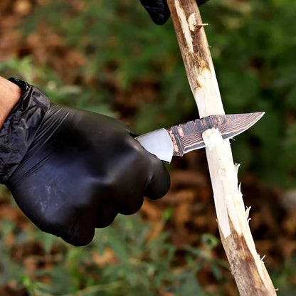 Premium Folding Hunting Knife – Copper Damascus Blade with Antler Handle