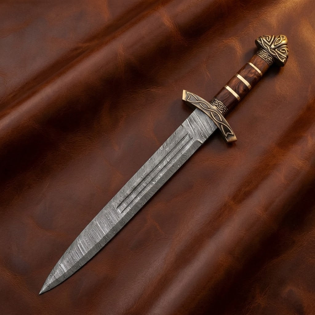 Custom Handcrafted Damascus Steel Viking Sword – Medieval Celtic Dagger with Pewter and Wood Handle