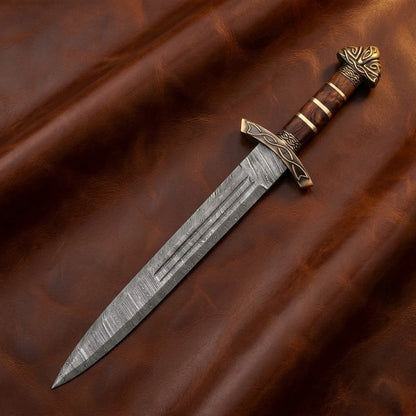 Custom Handcrafted Damascus Steel Viking Sword – Medieval Celtic Dagger with Pewter and Wood Handle