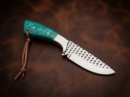 Custom Hunting Knife with Turquoise Resin Handle & Rasp Blade with Leather Sheath