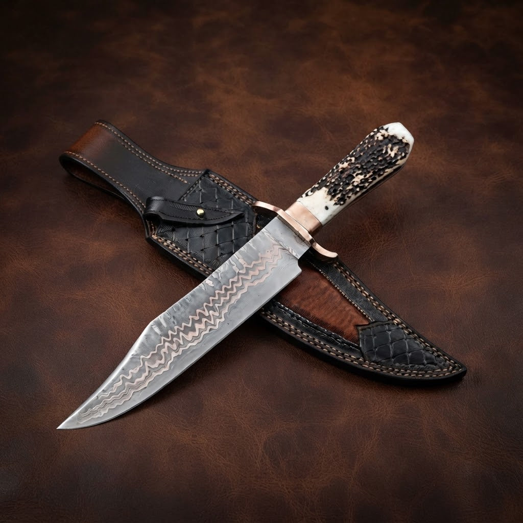 Handcrafted Copper Damascus Bowie Knife – Antler Handle with Leather Sheath