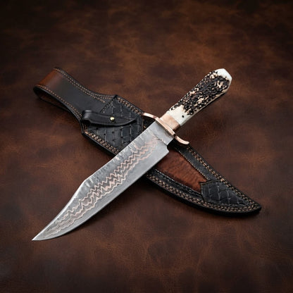 Handcrafted Copper Damascus Bowie Knife – Antler Handle with Leather Sheath