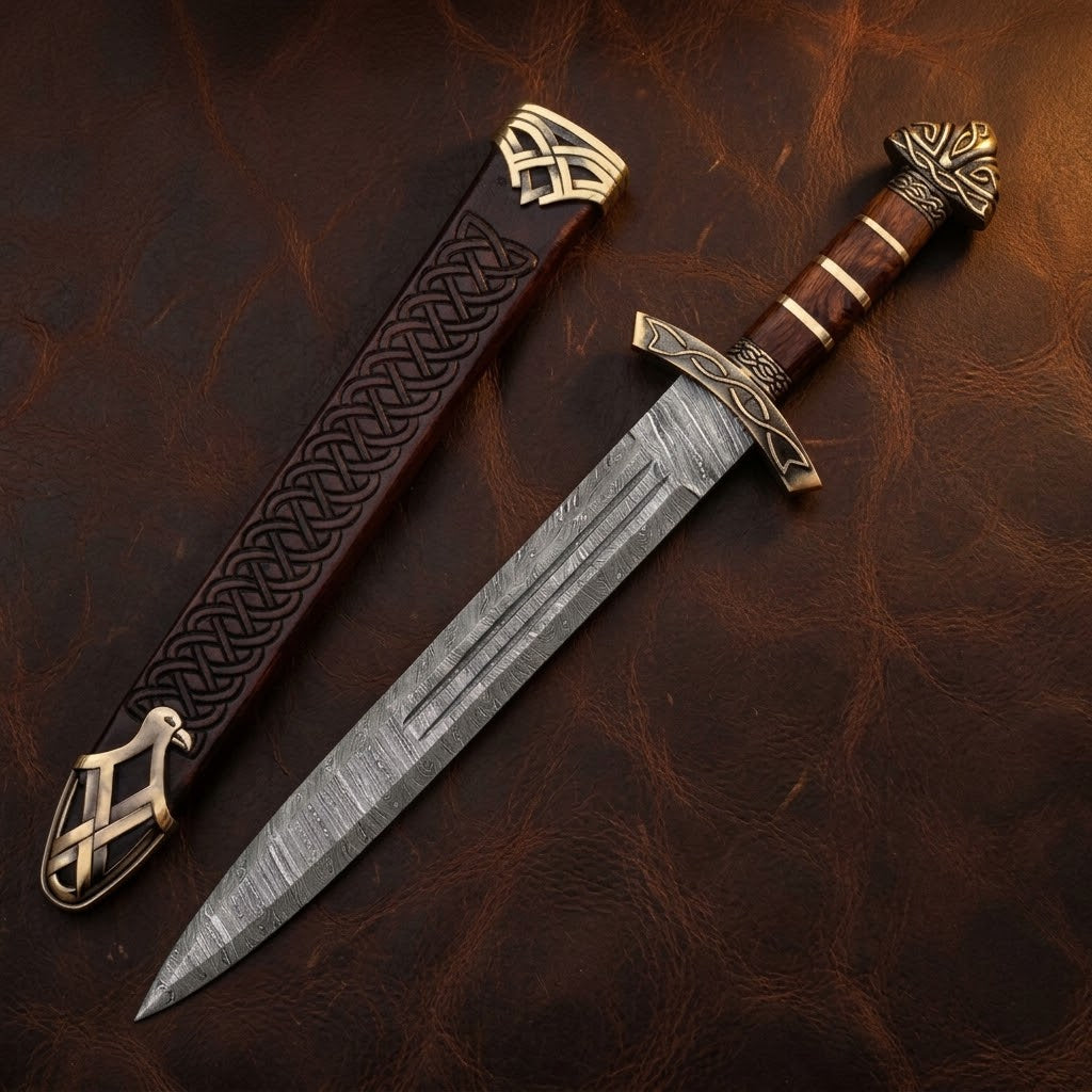Custom Handcrafted Damascus Steel Viking Sword – Medieval Celtic Dagger with Pewter and Wood Handle