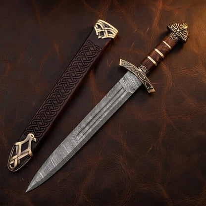 Custom Handcrafted Damascus Steel Viking Sword – Medieval Celtic Dagger with Pewter and Wood Handle