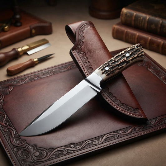 Handcrafted Custom Hunting Knife with Stag Antler Handle & Leather Sheath