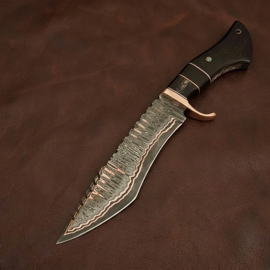 Handcrafted Copper Damascus Steel Bowie Hunting Knife with Premium Buffalo Horn Handle