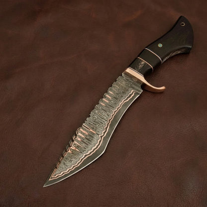 Handcrafted Copper Damascus Steel Bowie Hunting Knife with Premium Buffalo Horn Handle