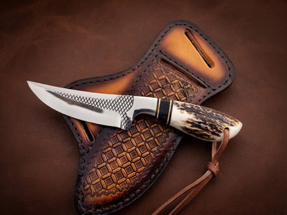 Custom Handcrafted Cowboy Stainless Steel Stag Handle Hunting Knife with Leather Sheath