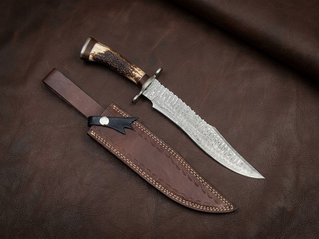 Handcrafted Damascus Steel Bowie Knife with Genuine Deer Antler Handle Custom Hunting Knife