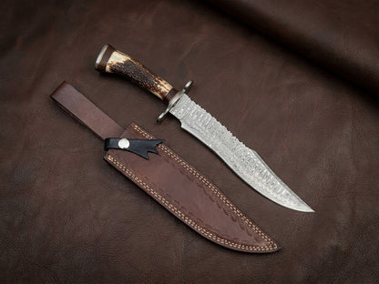 Handcrafted Damascus Steel Bowie Knife with Genuine Deer Antler Handle Custom Hunting Knife