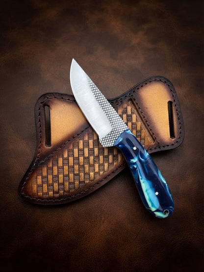 Handcrafted RaspBlade Hunting Knife with Blue Resin Handle & Leather Sheath