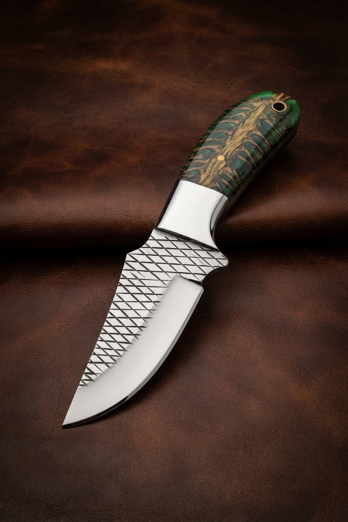 Custom Handmade Cowboy Hunting Knife with Green Pinecone Handle & Rasp Blade