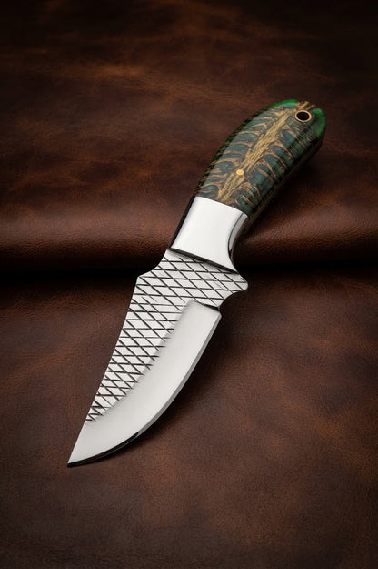 Custom Handmade Cowboy Hunting Knife with Green Pinecone Handle & Rasp Blade