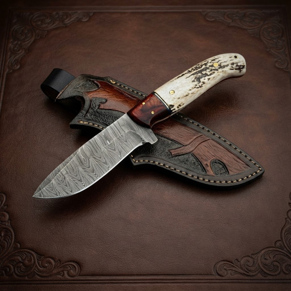 Handcrafted Damascus Steel Hunting Knife with Antler Handle & Leather Sheath