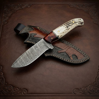 Handcrafted Damascus Steel Hunting Knife with Antler Handle & Leather Sheath