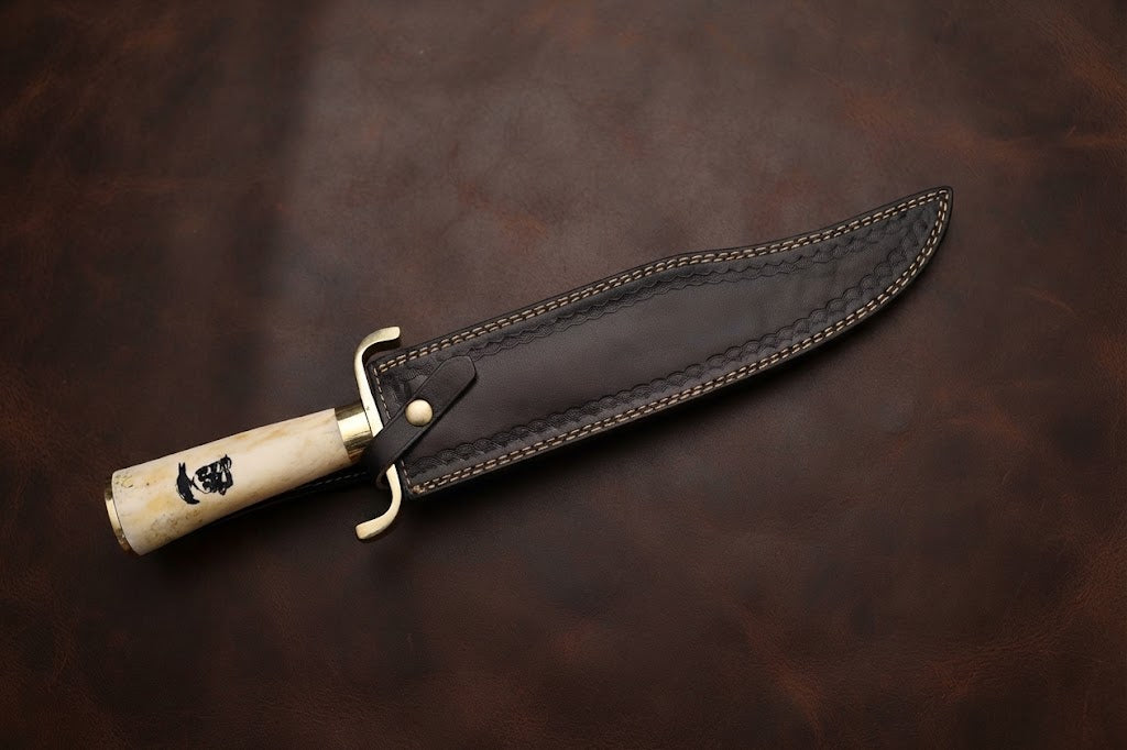 Handcrafted D2 Steel Musso Bowie Hunting Knife with Bone Handle and Leather Sheath