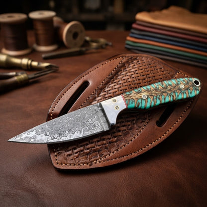 Handcrafted Custom Cowboy Hunting Knife Damascus Steel Blade Resin Handle with Tooled Leather Sheath
