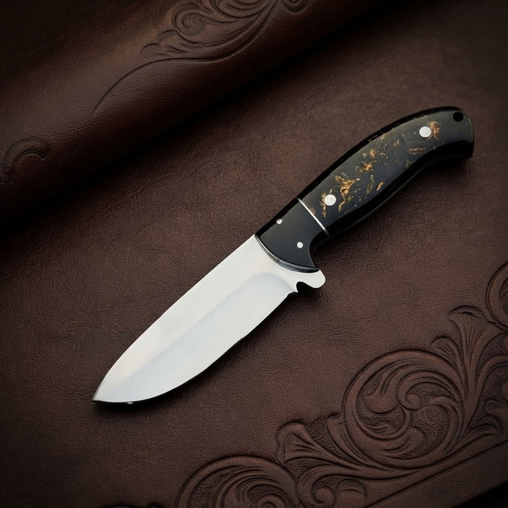 Custom Fixed Blade Hunting Knife  Black & Gold Resin Handle Steel Bolster & Leather Sheath