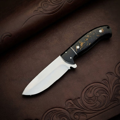 Custom Fixed Blade Hunting Knife  Black & Gold Resin Handle Steel Bolster & Leather Sheath