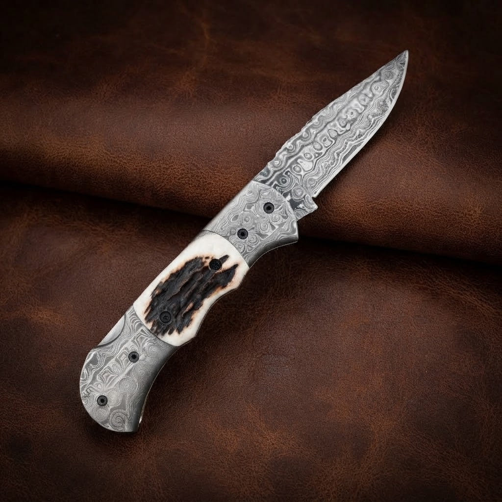 Handcrafted Custom Damascus Folding Knife – Raindrop Pattern Blade & Antler Bone Handle EDC