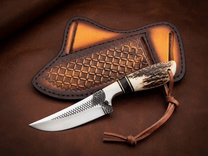 Custom Handcrafted Cowboy Stainless Steel Stag Handle Hunting Knife with Leather Sheath