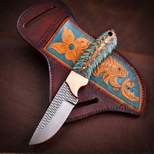 Handcrafted Custom Fixed Blade Skinner Knife Pinecone Handle Copper Bolster & Leather Sheath
