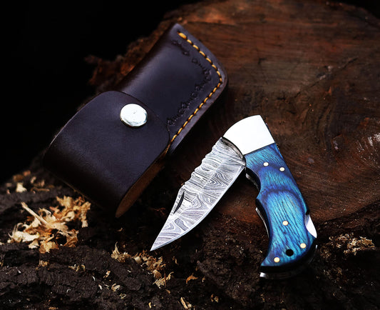 Elegant Damascus Folding Pocket Knife – Blue Handle & Leather Sheath