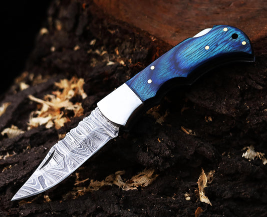 Elegant Damascus Folding Pocket Knife – Blue Handle & Leather Sheath