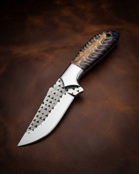 Handcrafted Custom Cowboy Hunting Knife Stabilized Blue Pinecone Handle & Rasp Blade