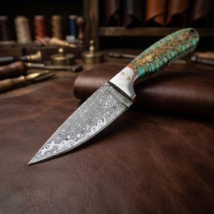 Handcrafted Custom Cowboy Hunting Knife Damascus Steel Blade Resin Handle with Tooled Leather Sheath