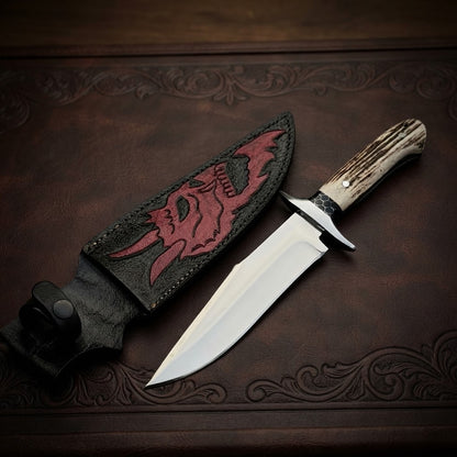 Custom Bowie Knife Stag Antler Handle & Red Dragon Leather Sheath