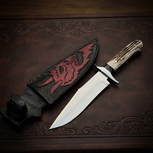 Custom Bowie Knife Stag Antler Handle & Red Dragon Leather Sheath