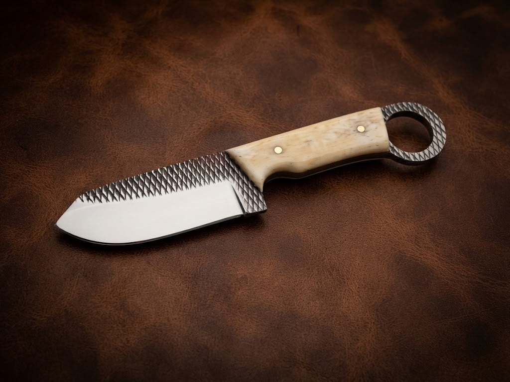 Custom Handmade Bone Handle Hunting Knife Rasp Blade & Finger Ring Pommel