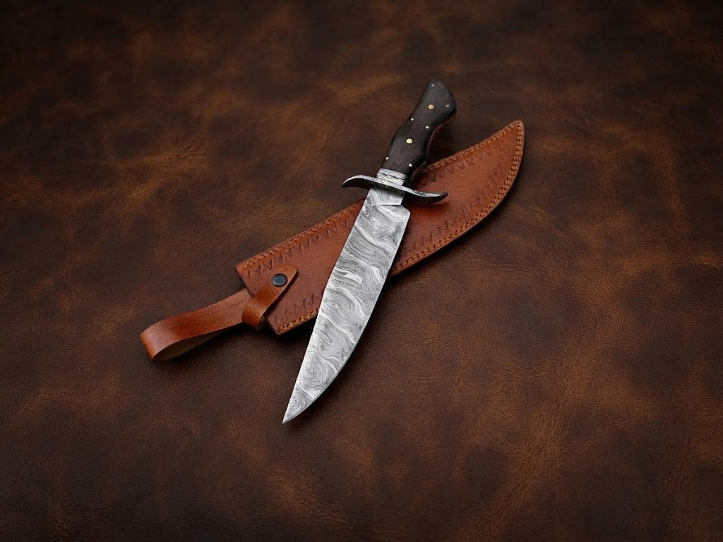 Handcrafted Damascus Steel Bowie Hunting Knife with Wengi Wood Handle and Leather Sheath