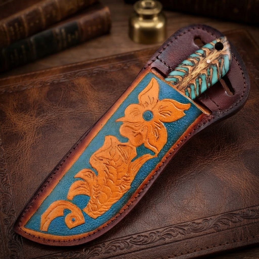 Handcrafted Custom Fixed Blade Skinner Knife Pinecone Handle Copper Bolster & Leather Sheath