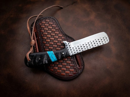 Custom Handmade Rasp Steel Blade Sheep Horn Handle Cowboy Bull Cutter Knife with Leather Sheath