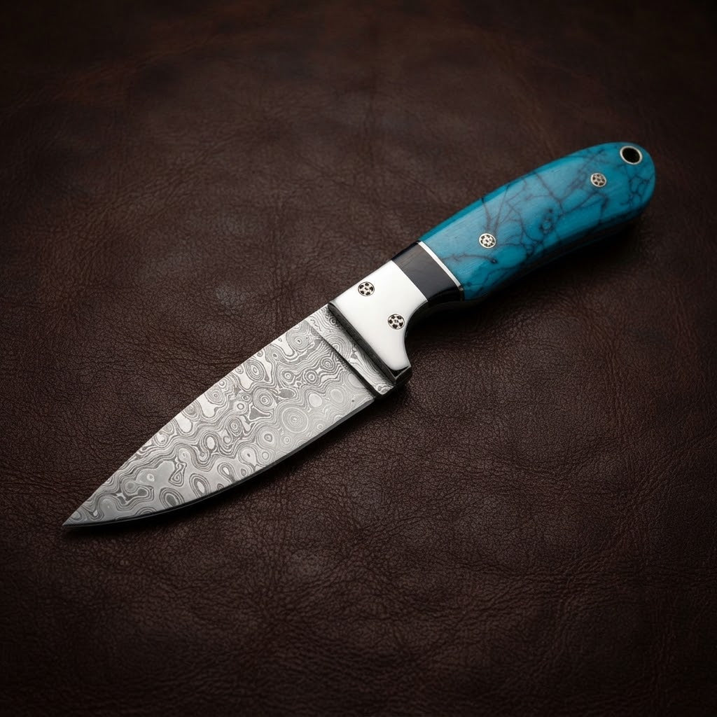 Cowboy Custom Damascus Hunting Knife Fixed Blade with Steel Bolster Resin & Hand-Tooled Leather Sheath