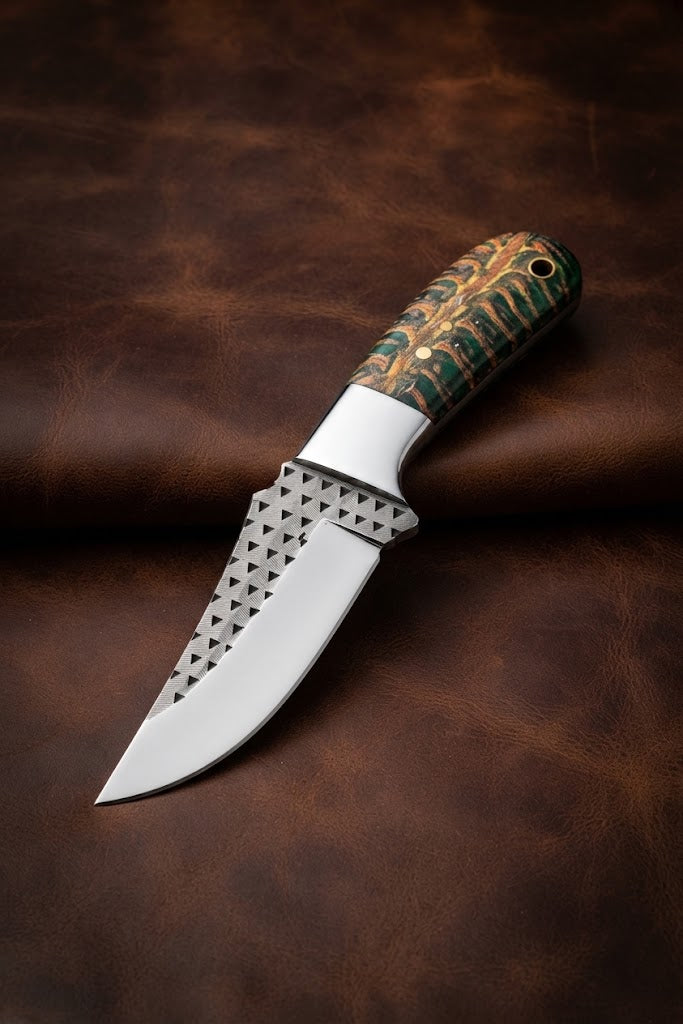 Custom Handmade Cowboy Hunting Knife with Green Pinecone Handle & Rasp Blade
