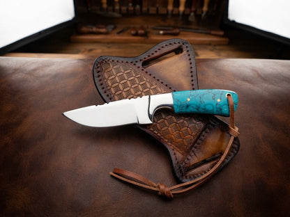 Custom Handmade D2 Steel Turquoise Resin Cowboy Hunting Knife with Sheath