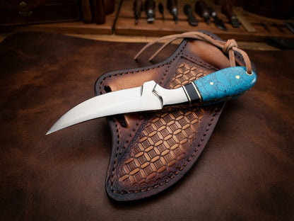 Handmade Cowboy D2 Steel Hunting Knife with Turquoise Resin Handle & Leather Sheath