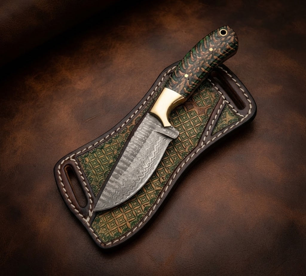 Handcrafted Damascus Steel Cowboy Hunting Knife with Pinecone Handle & Leather Sheath