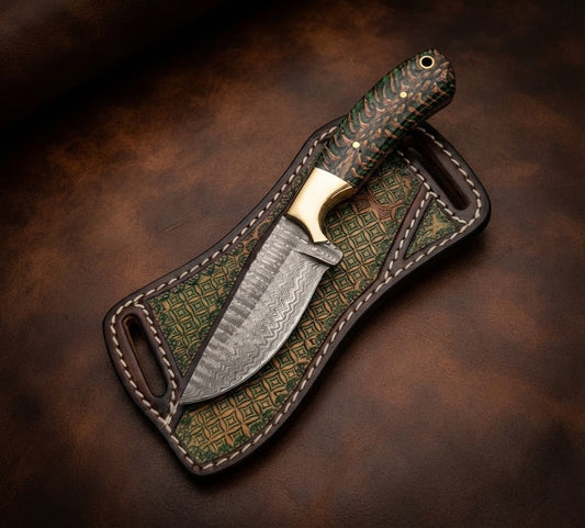 Handcrafted Damascus Steel Cowboy Hunting Knife with Pinecone Handle & Leather Sheath